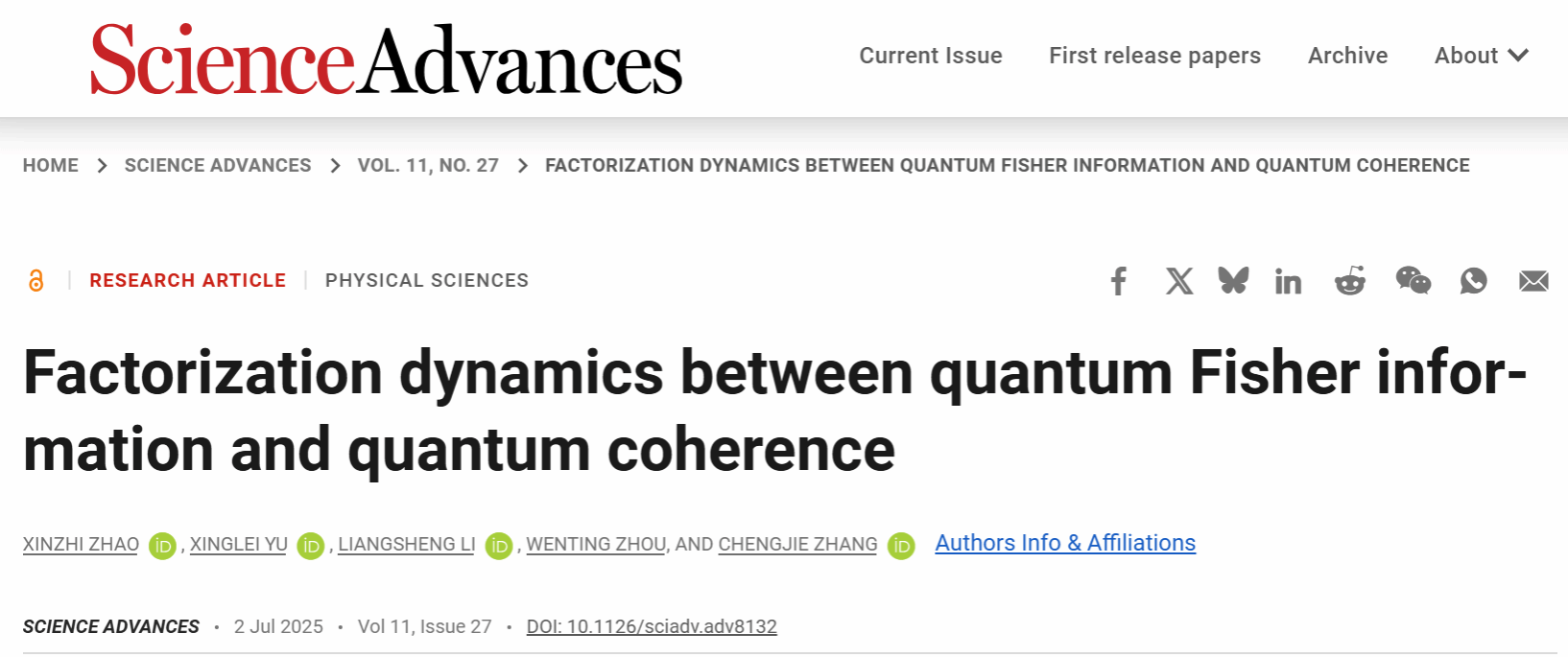 物理科学与技术学院张成杰教授科研团队在《Science Advances》发表重要研究成果